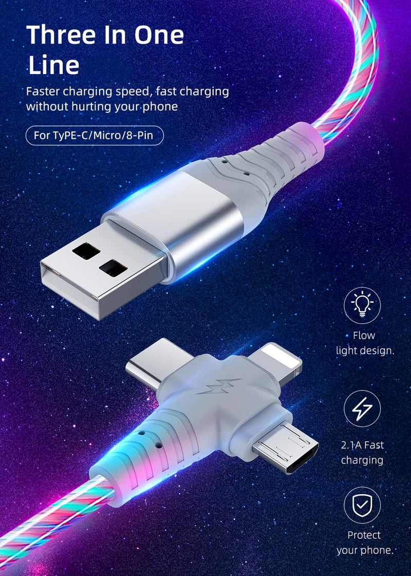 Cabo USB 3 em 1 com LED Para Smartphone